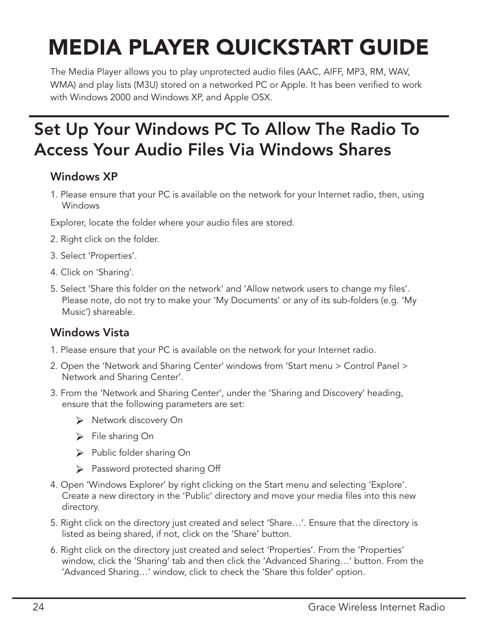 Media player quick start, Media player quickstart guide | Grace Digital GDI-IR2000 User Manual | Page 24 / 44