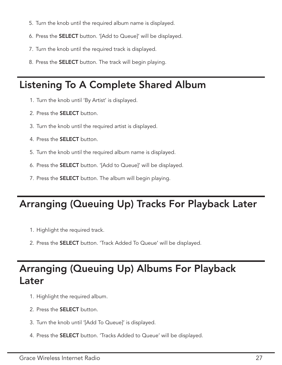 Listening to a complete shared album, Arranging (queuing up) tracks for playback later, Arranging (queuing up) albums for playback later | Grace Digital GDI-IR2000 User Manual | Page 27 / 44