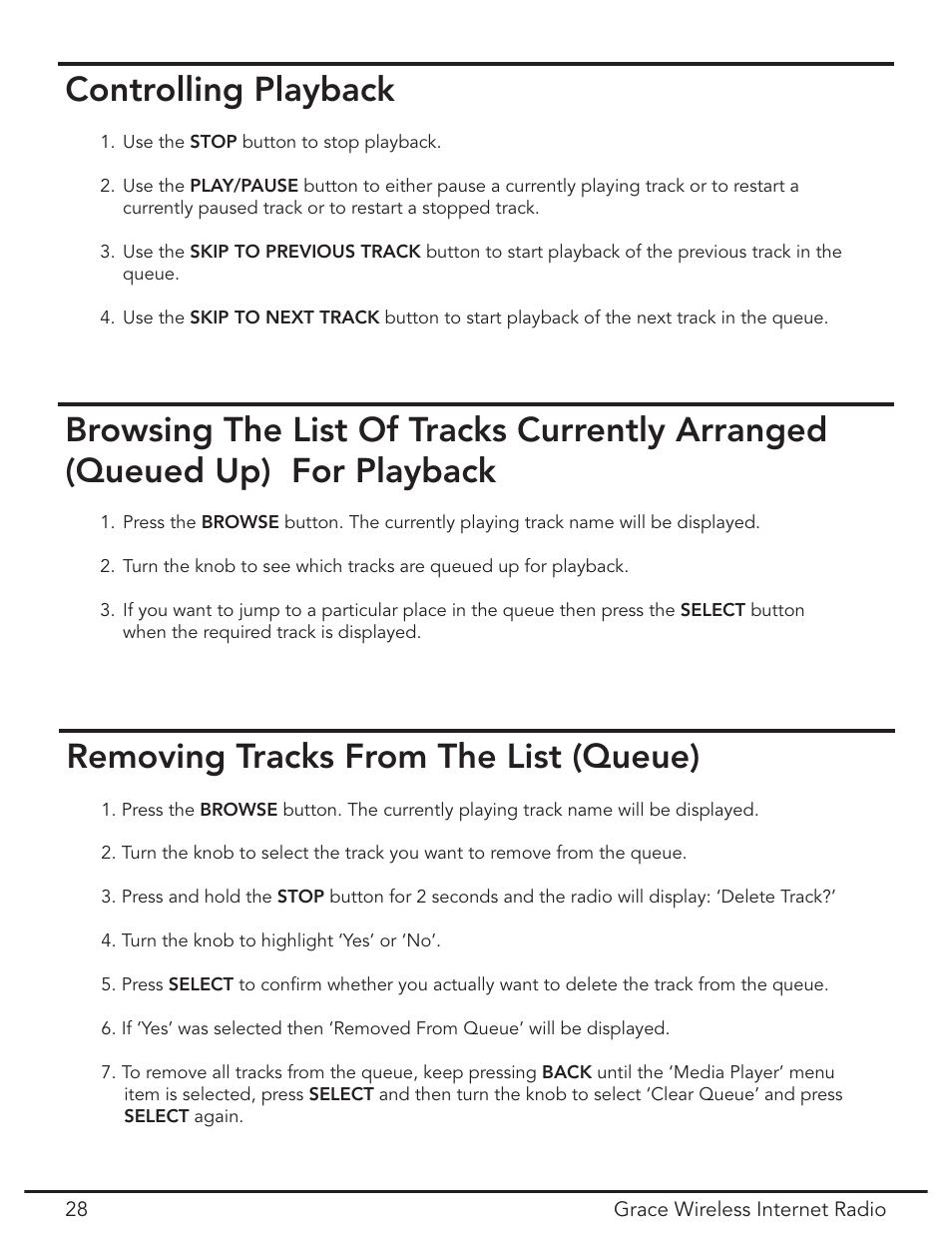 Controlling playback, Removing tracks from the list (queue) | Grace Digital GDI-IR2000 User Manual | Page 28 / 44