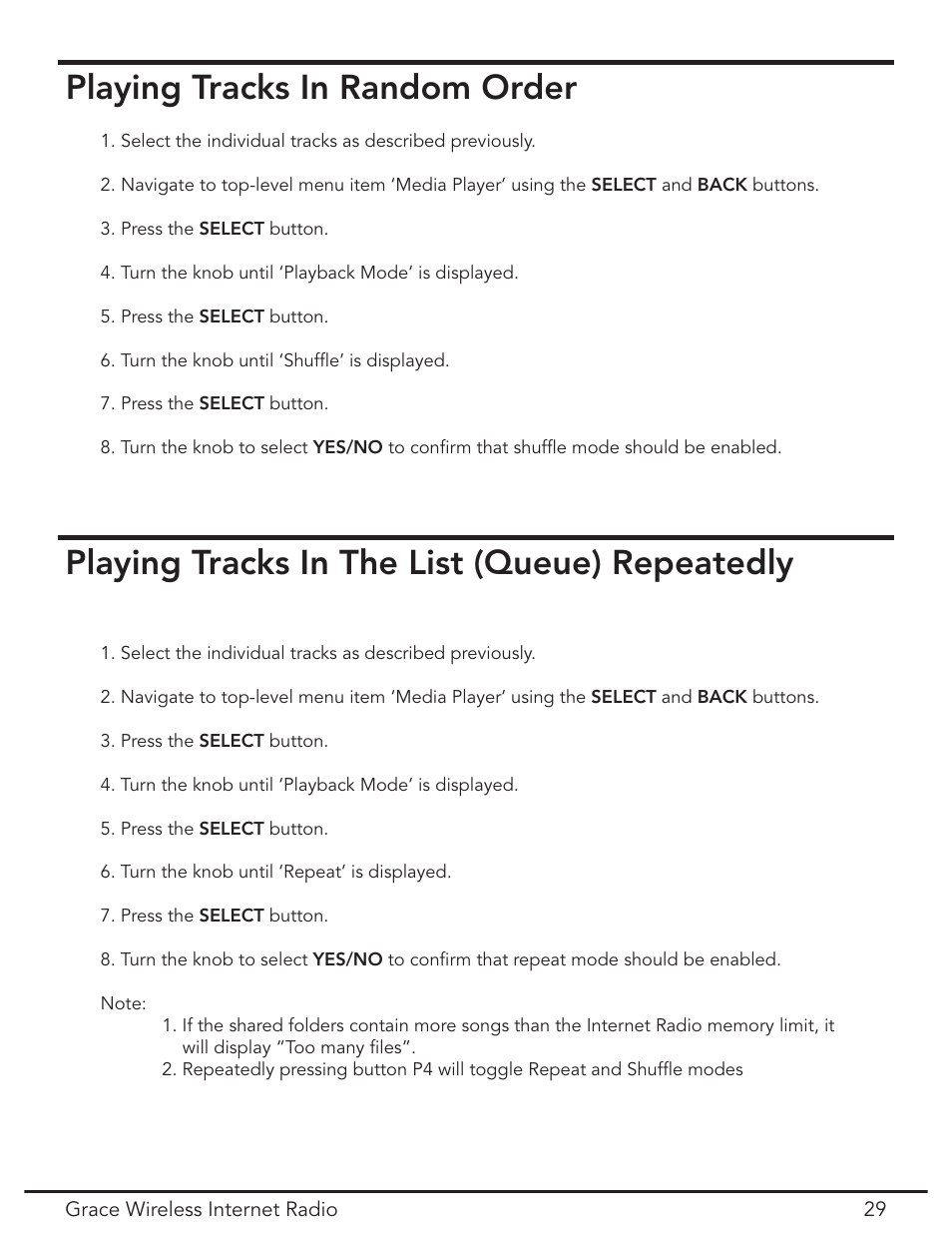 Playing tracks in random order, Playing tracks in the list (queue) repeatedly | Grace Digital GDI-IR2000 User Manual | Page 29 / 44