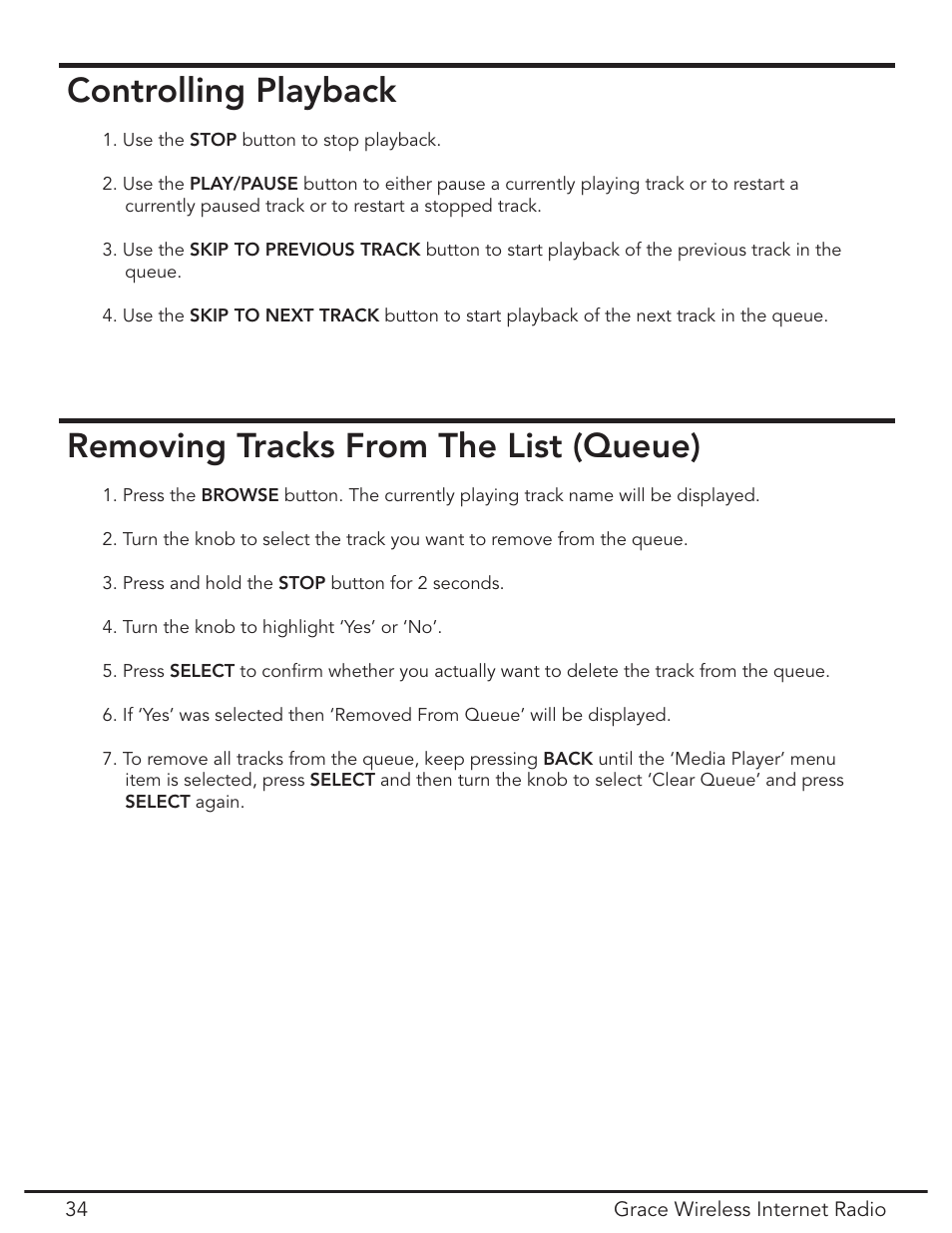 Controlling playback, Removing tracks from the list (queue) | Grace Digital GDI-IR2000 User Manual | Page 34 / 44