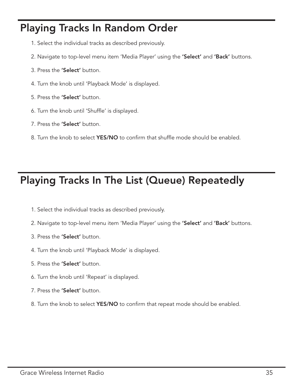 Playing tracks in random order, Playing tracks in the list (queue) repeatedly | Grace Digital GDI-IR2000 User Manual | Page 35 / 44