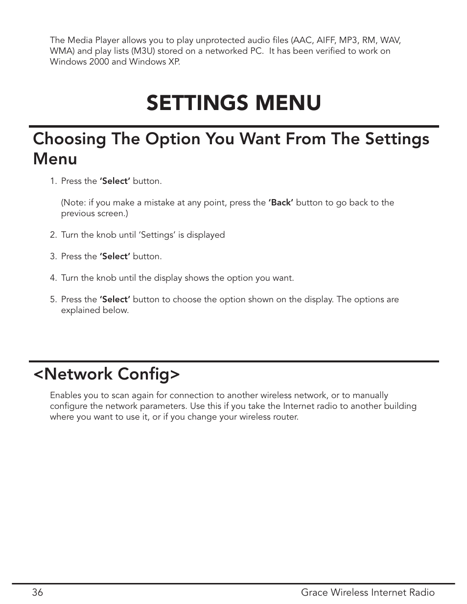 Navigating the menus, Settings menu, Network config | Network conﬁg | Grace Digital GDI-IR2000 User Manual | Page 36 / 44