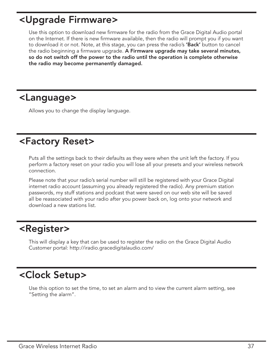 Factory reset (menu item), Upgrade firmware, Language | Factory reset, Register, Clock setup | Grace Digital GDI-IR2000 User Manual | Page 37 / 44
