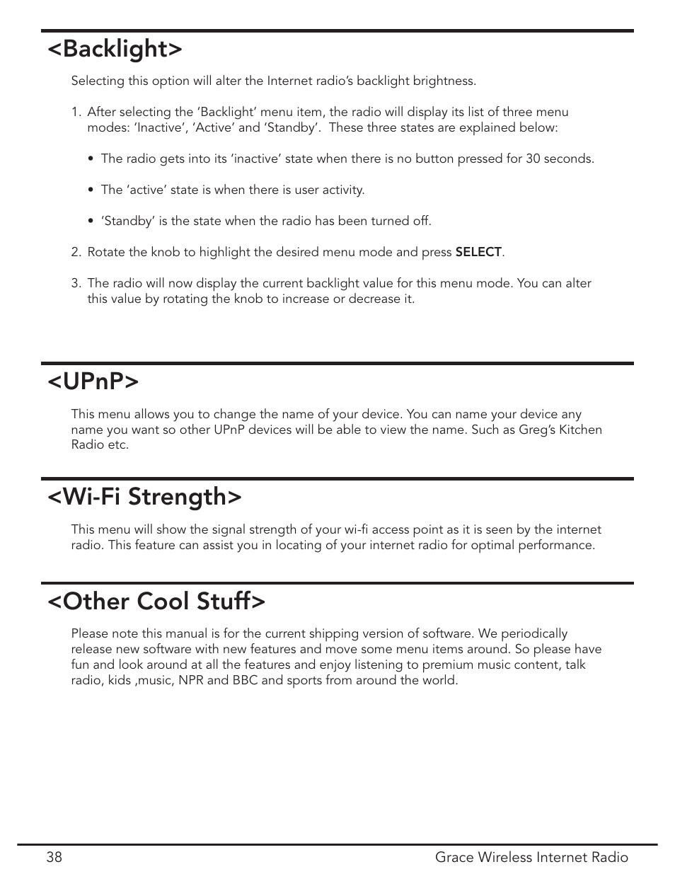 Backlight, Upnp, Wi-fi strength | Other cool stuff | Grace Digital GDI-IR2000 User Manual | Page 38 / 44