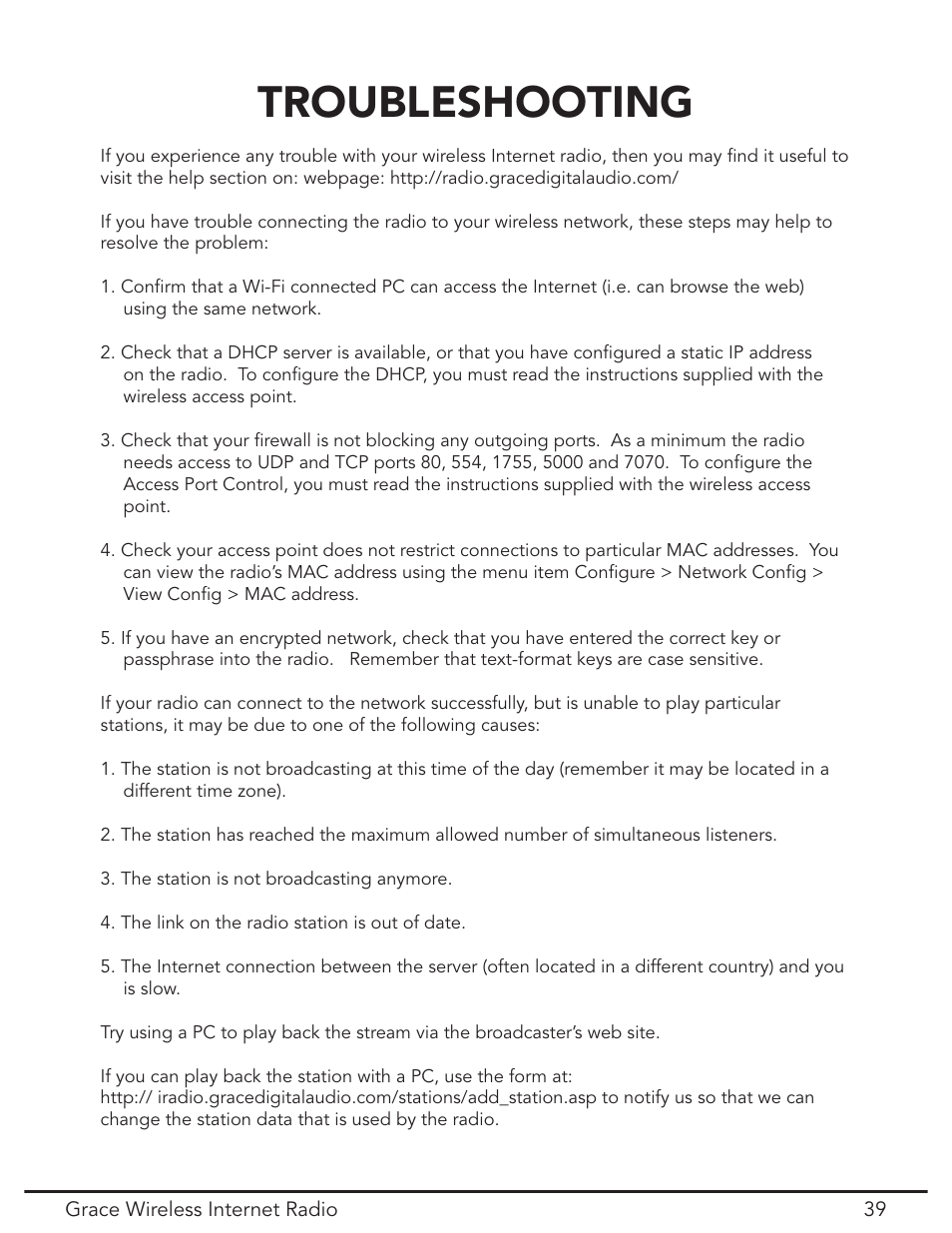 Troubleshooting | Grace Digital GDI-IR2000 User Manual | Page 39 / 44