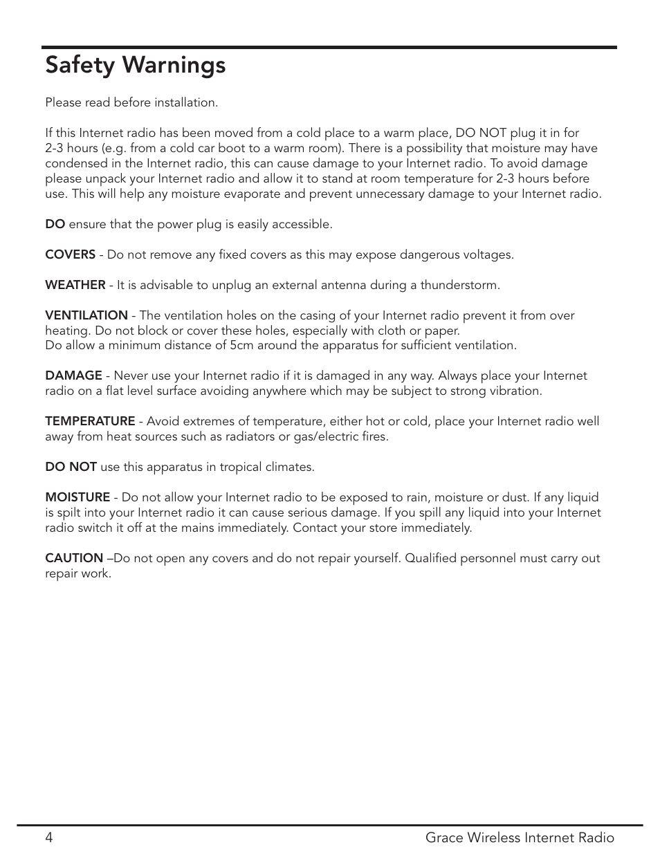 Safety warnings | Grace Digital GDI-IR2000 User Manual | Page 4 / 44
