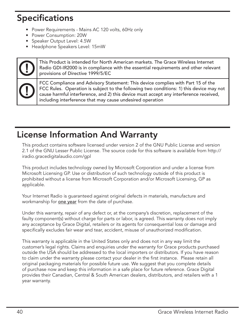 Specs, Warranty, Speciﬁcations | License information and warranty | Grace Digital GDI-IR2000 User Manual | Page 40 / 44