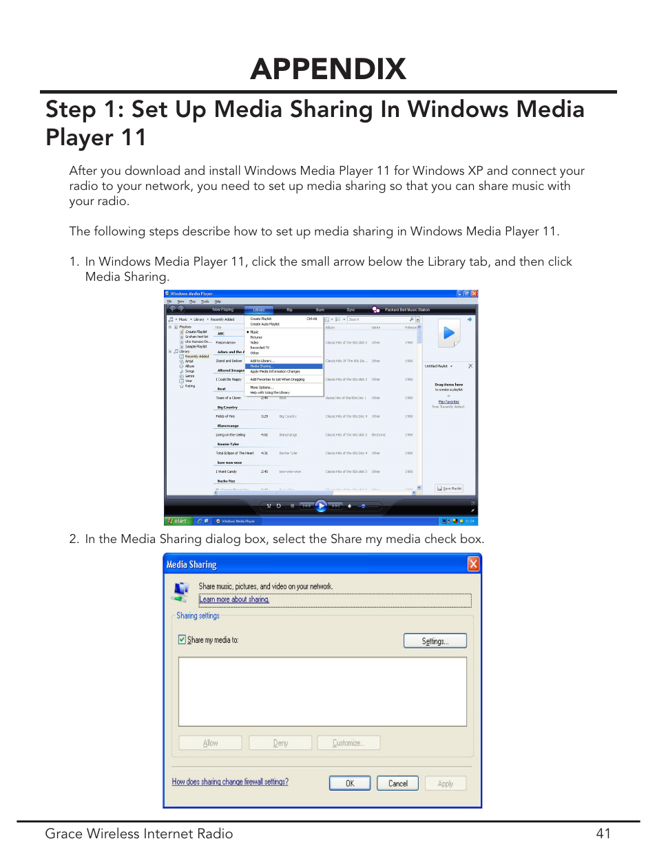 Set up media sharing in windows mediaplayer 11, Appendix | Grace Digital GDI-IR2000 User Manual | Page 41 / 44