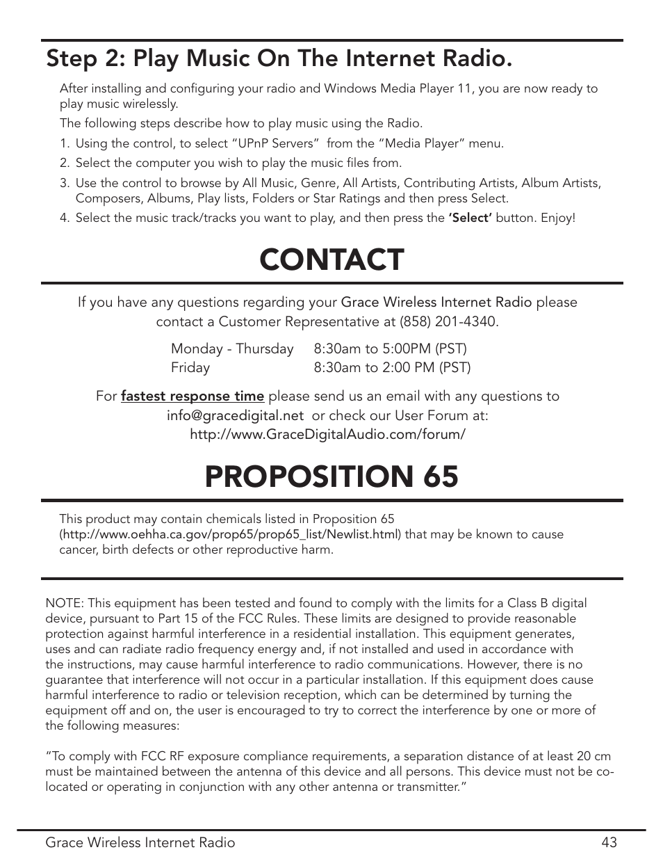 Play music on the internet radio, Contact proposition 65, Step 2: play music on the internet radio | Grace Digital GDI-IR2000 User Manual | Page 43 / 44