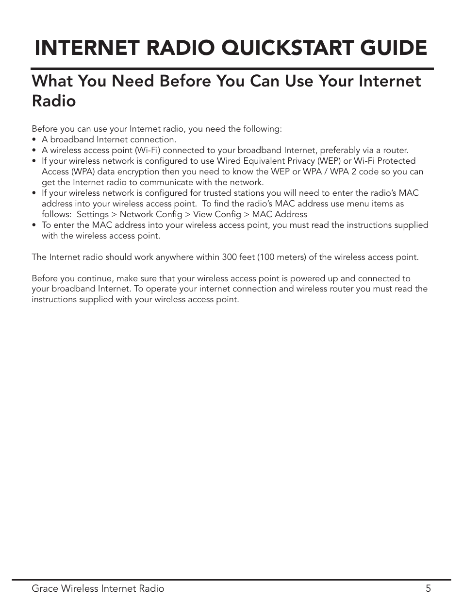 Internet radio quick start, Internet radio quickstart guide | Grace Digital GDI-IR2000 User Manual | Page 5 / 44