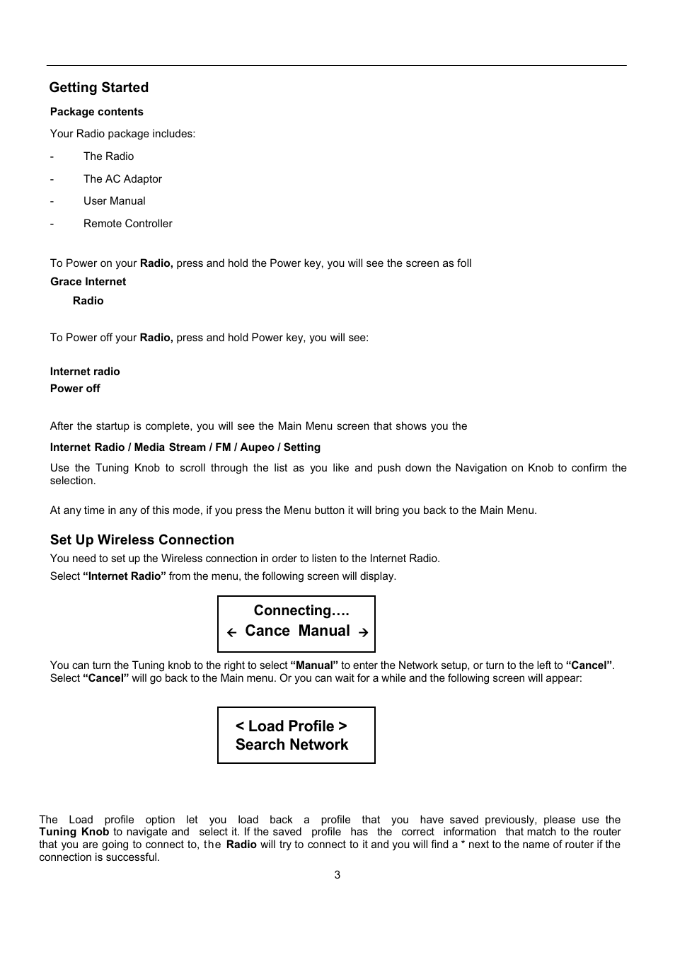 Cance manual < load profile > search network, Connecting | Grace Digital GDI-IRP600 User Manual | Page 4 / 22