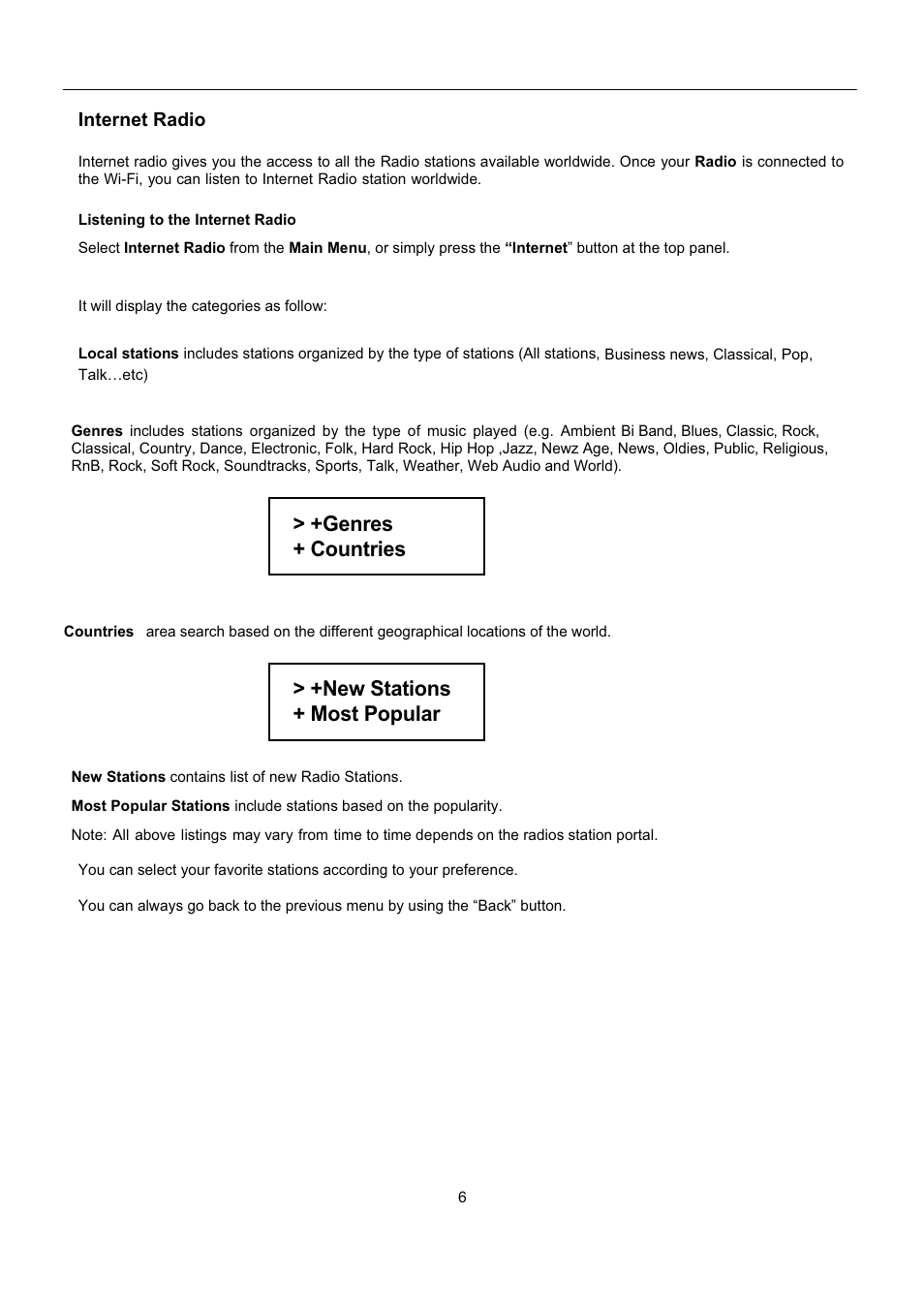 Genres + countries > +new stations + most popular | Grace Digital GDI-IRP600 User Manual | Page 7 / 22