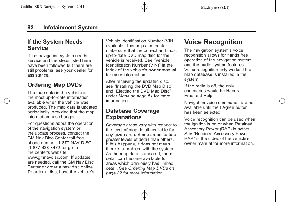 If the system needs service, Ordering map dvds, Database coverage explanations | Voice recognition, Service, Ordering map dvds database coverage | GM GPS Receiver User Manual | Page 82 / 122