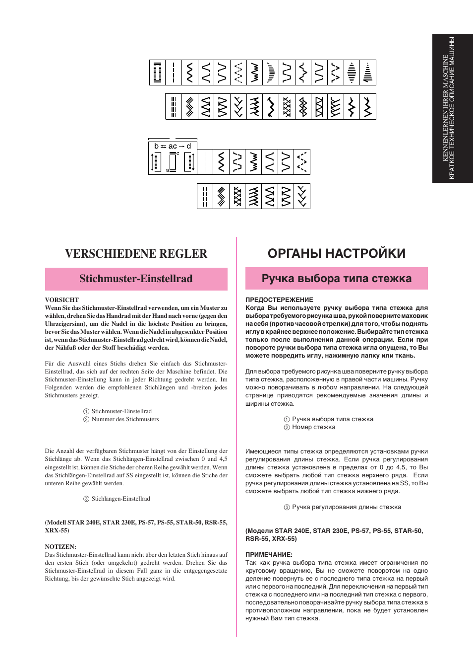 Verschiedene regler, Органы настройки, Stichmuster-einstellrad | Ручка выбора типа стежка | Brother Star 60 User Manual | Page 10 / 111