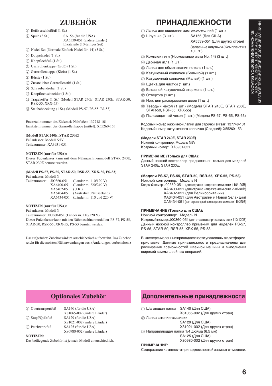 Принадлежности, Zubehör, Optionales zubehör | Дополнительные принадлежности | Brother Star 60 User Manual | Page 29 / 111
