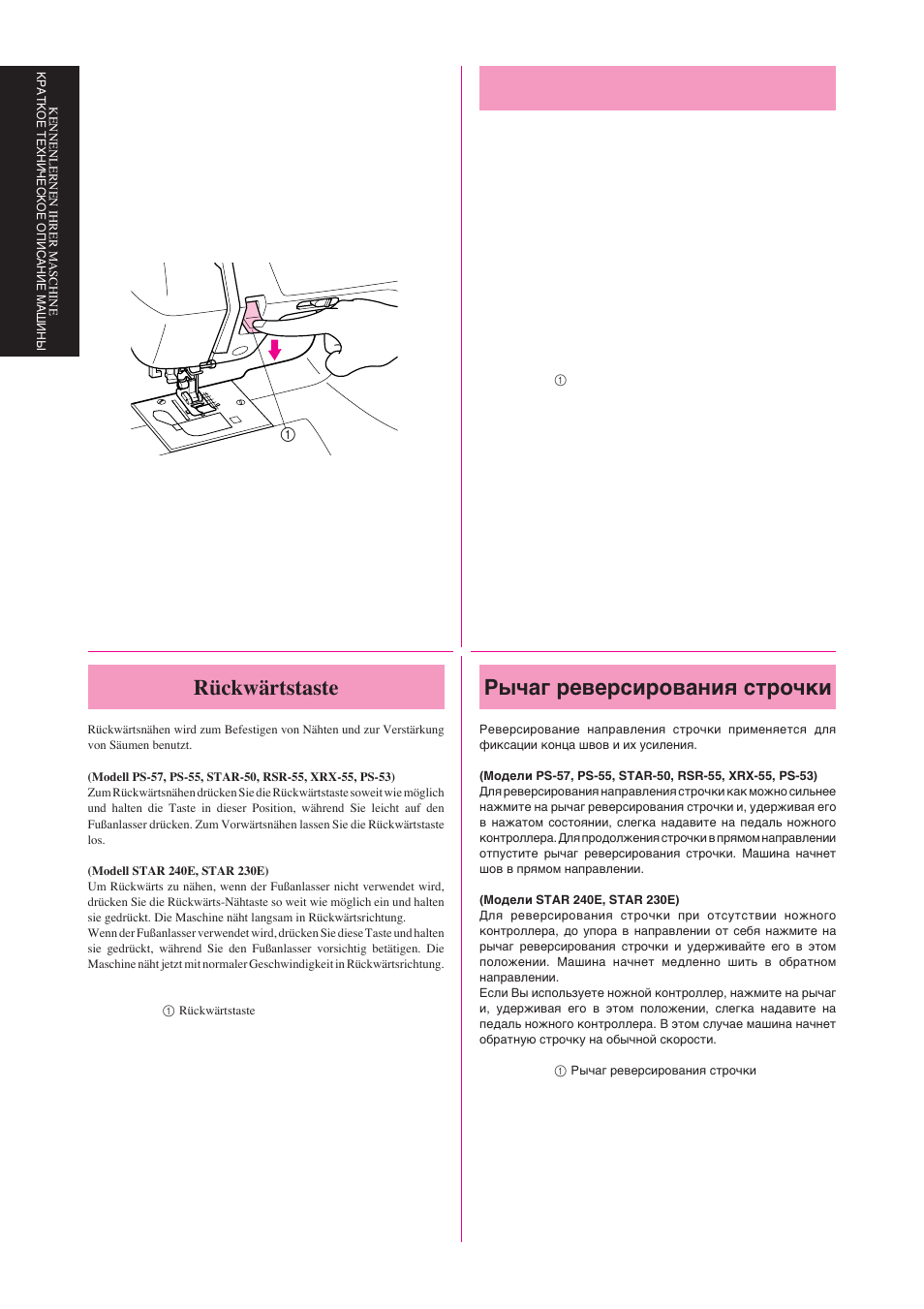 Reverse sewing lever, Rückwärtstaste, Рычаг реверсирования строчки | Brother Star 60 User Manual | Page 41 / 111
