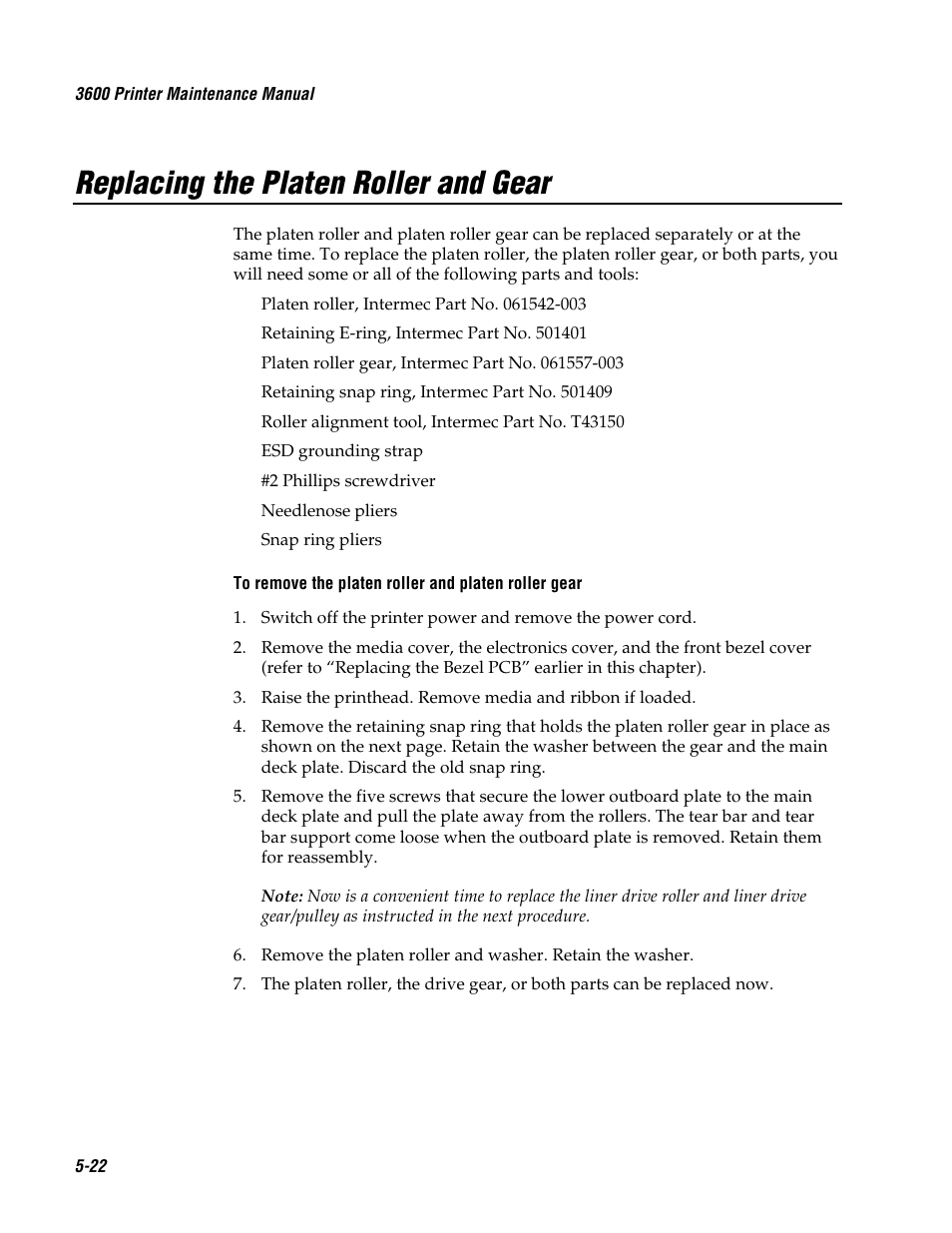 Replacing the platen roller and gear | Genicom 3600 User Manual | Page 108 / 174