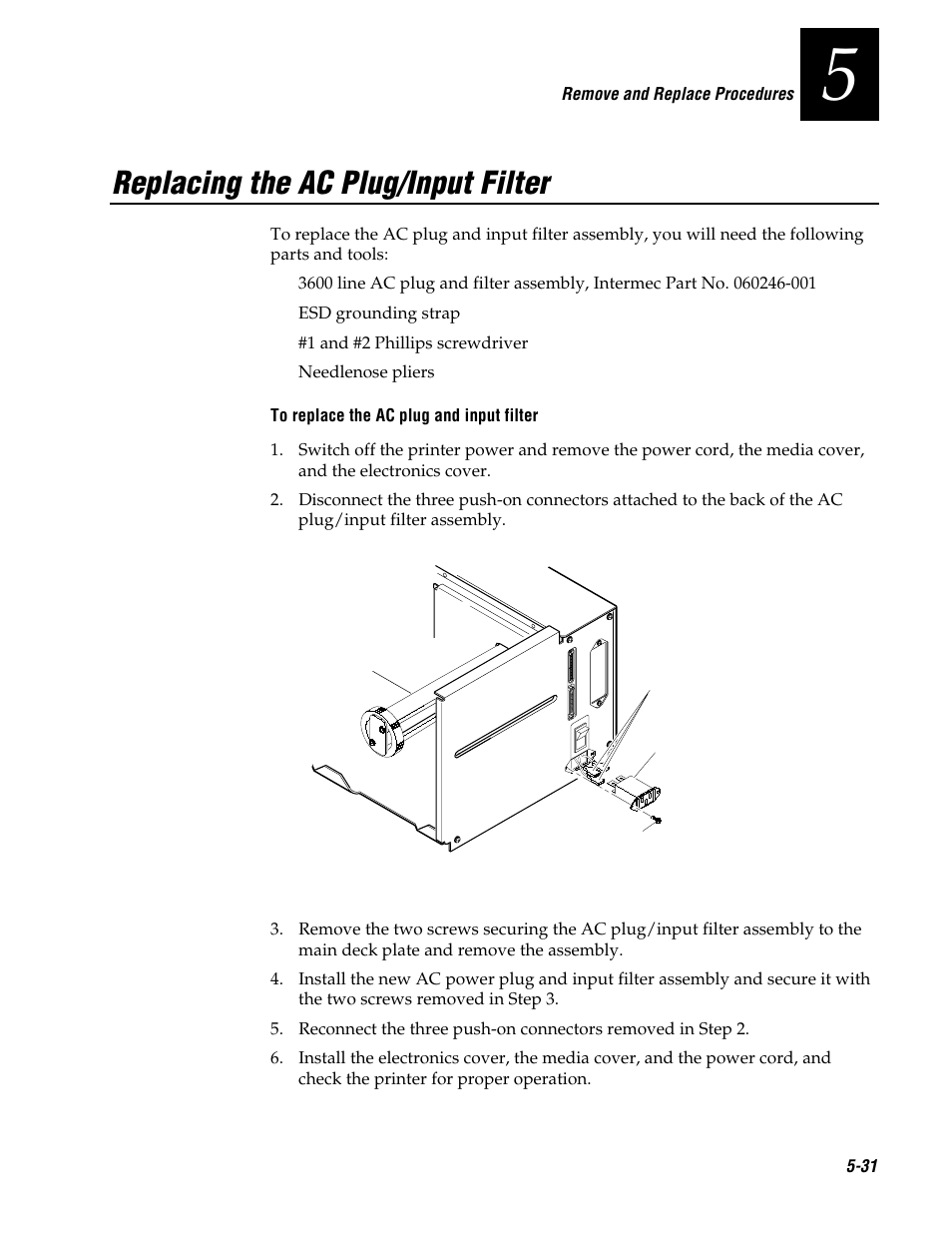 Replacing the ac plug/input filter | Genicom 3600 User Manual | Page 117 / 174
