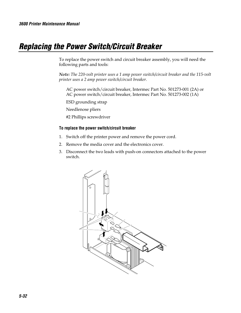 Replacing the power switch/circuit breaker | Genicom 3600 User Manual | Page 118 / 174