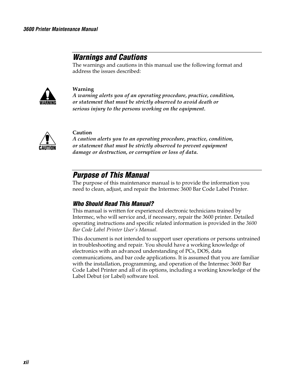 Warnings and cautions, Purpose of this manual | Genicom 3600 User Manual | Page 12 / 174