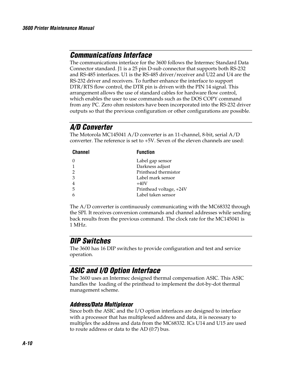 Communications interface, A/d converter, Dip switches | Asic and i/o option interface | Genicom 3600 User Manual | Page 164 / 174