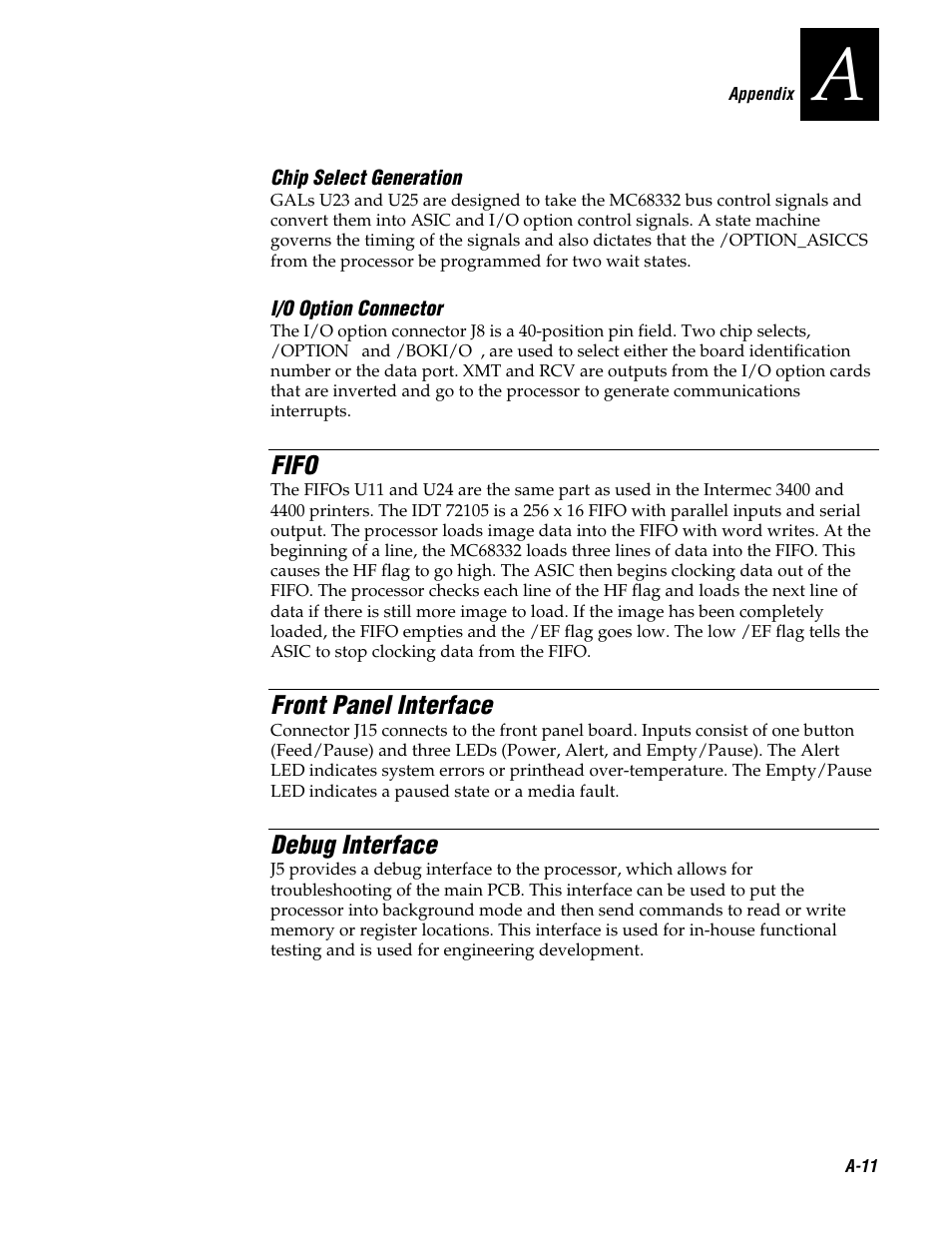 Fifo, Front panel interface, Debug interface | Genicom 3600 User Manual | Page 165 / 174