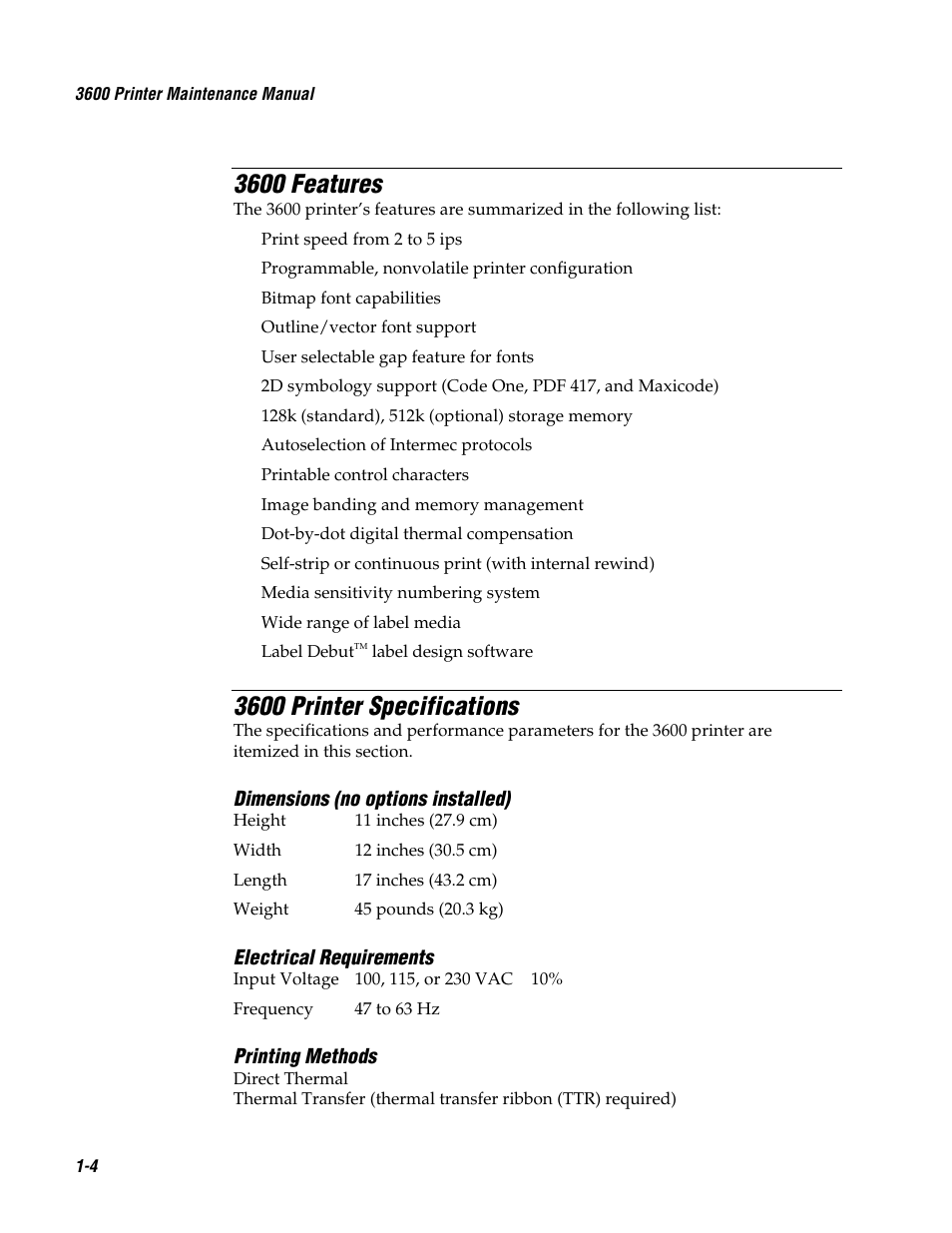3600 features, 3600 printer specifications | Genicom 3600 User Manual | Page 20 / 174