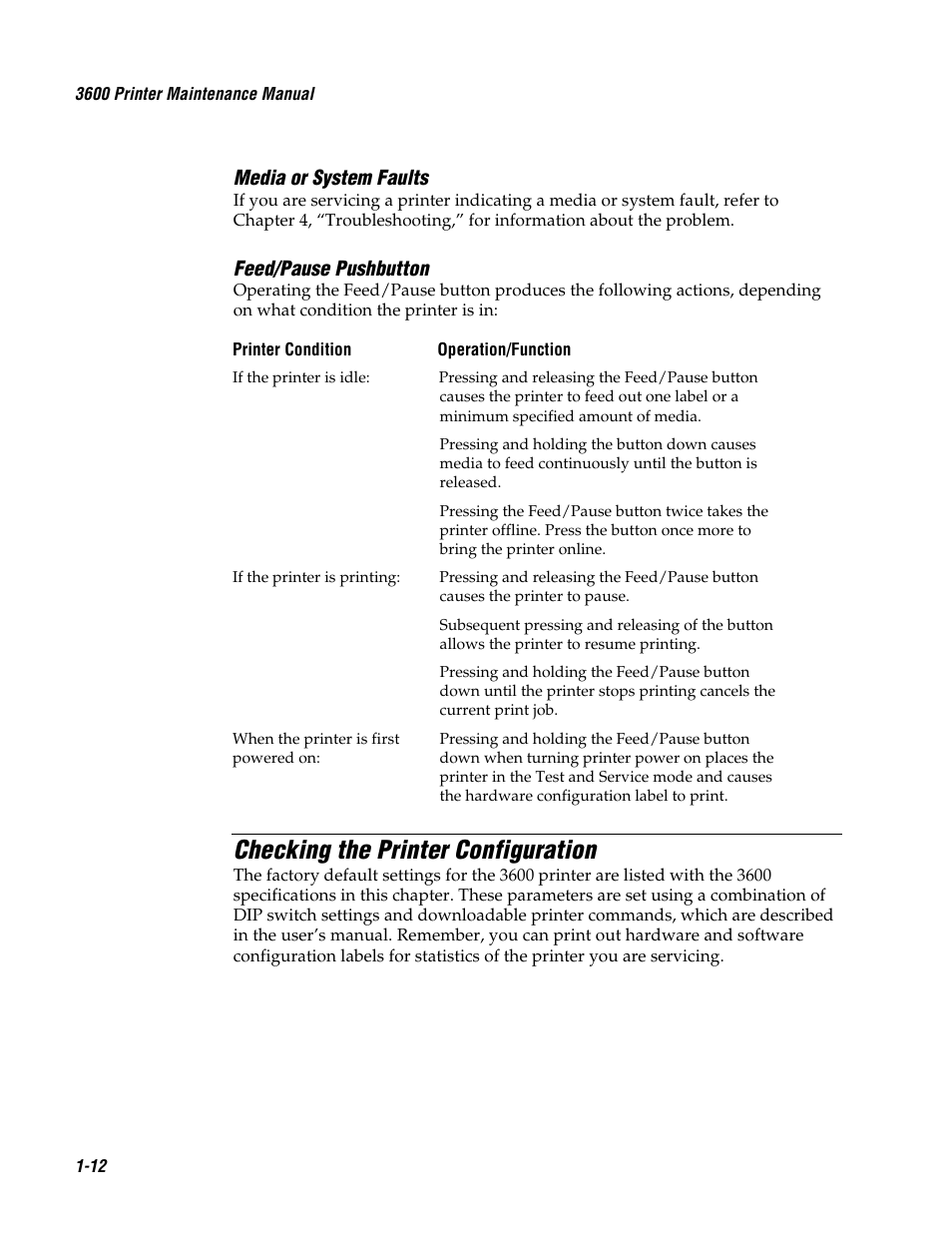 Checking the printer configuration, Media or system faults, Feed/pause pushbutton | Genicom 3600 User Manual | Page 28 / 174