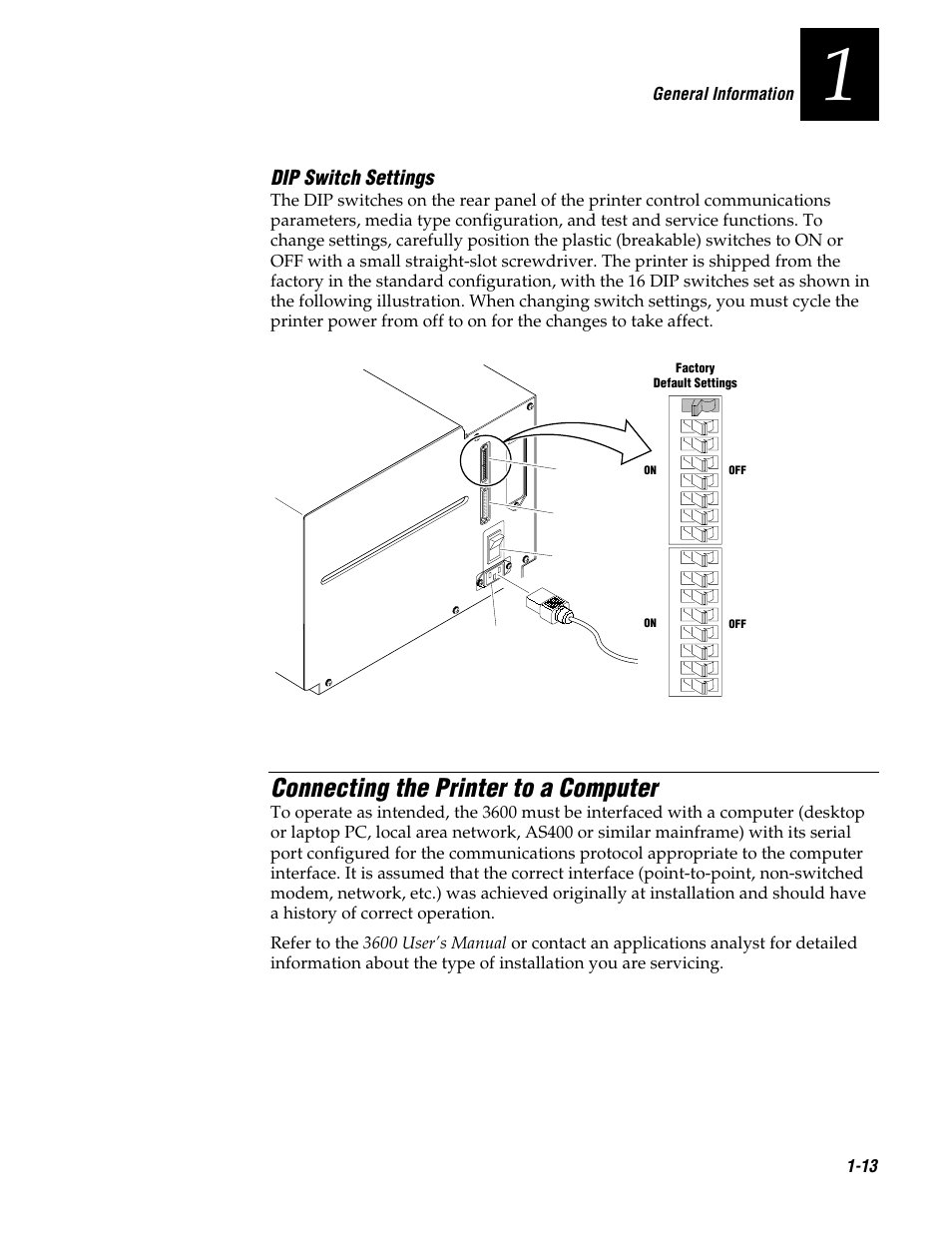 Connecting the printer to a computer, Dip switch settings | Genicom 3600 User Manual | Page 29 / 174