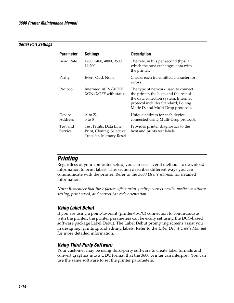 Printing, Using label debut, Using third-party software | Genicom 3600 User Manual | Page 30 / 174