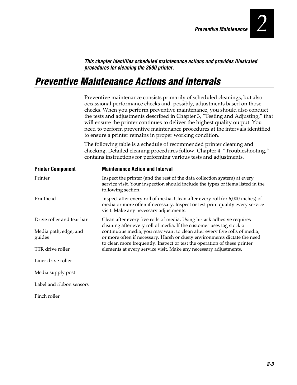 Preventive maintenance actions and intervals | Genicom 3600 User Manual | Page 35 / 174