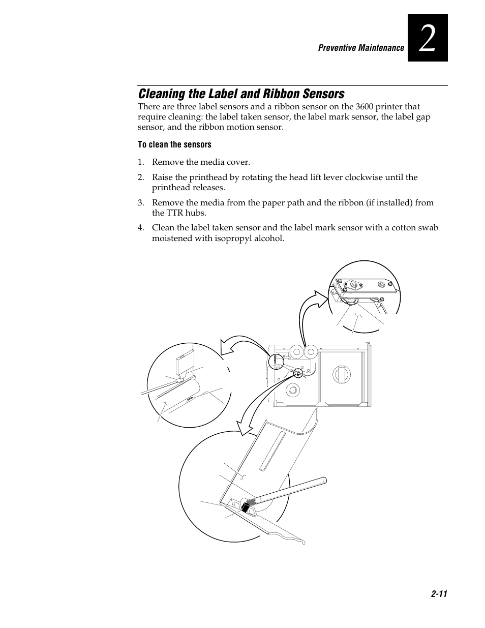 Cleaning the label and ribbon sensors | Genicom 3600 User Manual | Page 43 / 174
