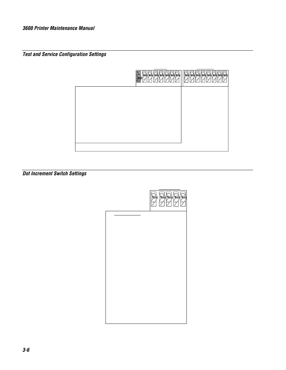 3600 printer maintenance manual, 6 test and service configuration settings, Dot increment switch settings | C 3 9 c 3 9 frank | Genicom 3600 User Manual | Page 50 / 174