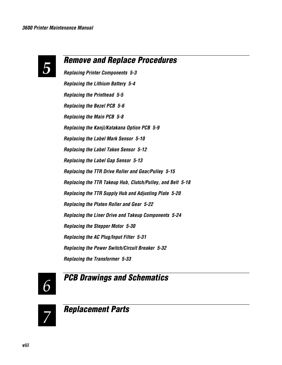 Remove and replace procedures, Pcb drawings and schematics replacement parts | Genicom 3600 User Manual | Page 8 / 174