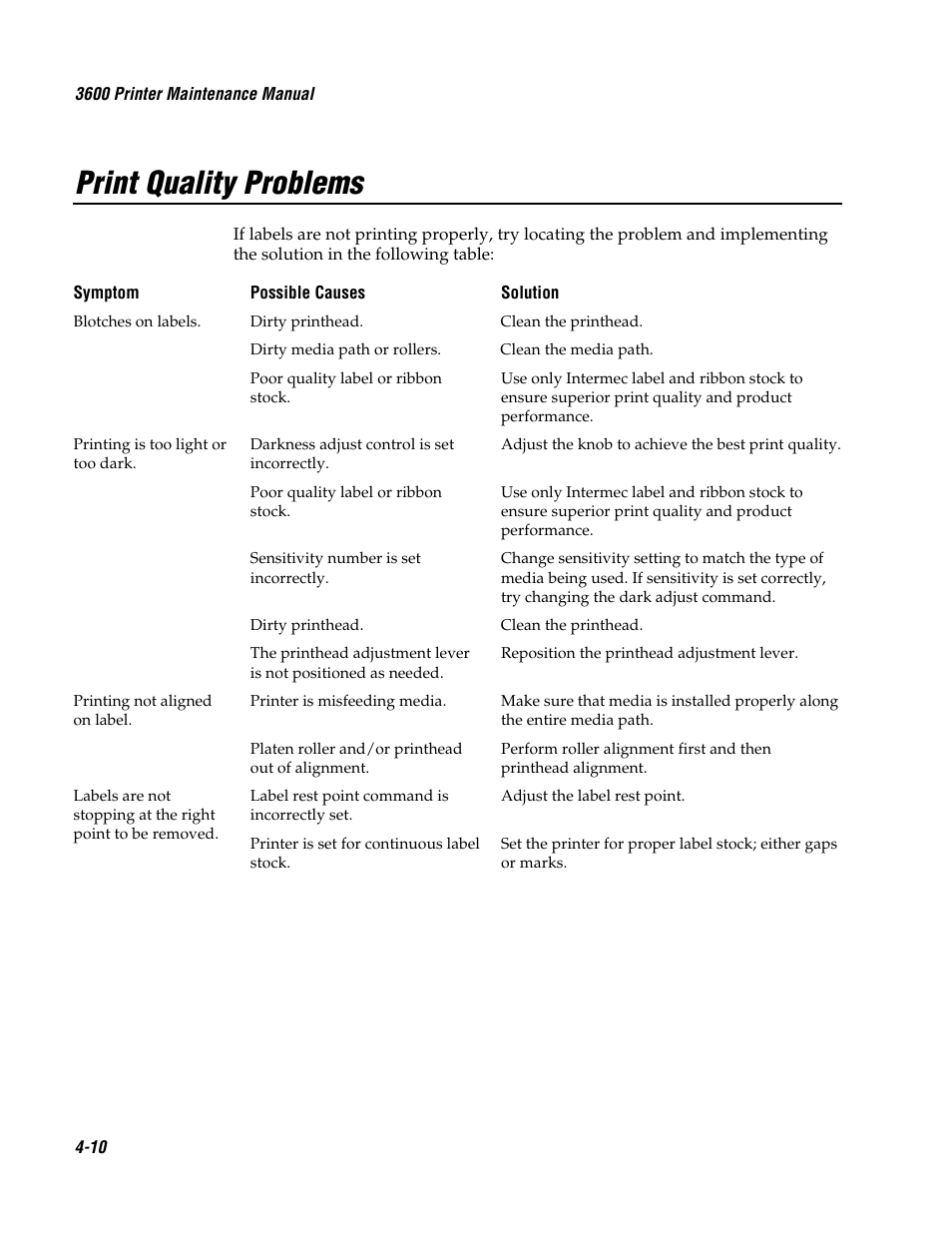 Print quality problems | Genicom 3600 User Manual | Page 80 / 174