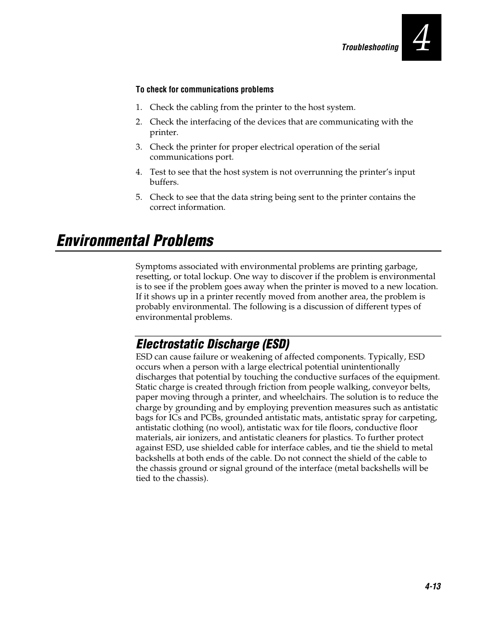 Environmental problems, Electrostatic discharge (esd) | Genicom 3600 User Manual | Page 83 / 174