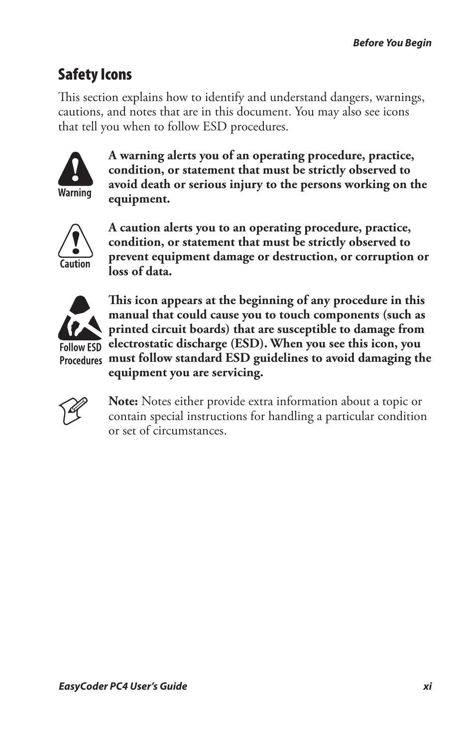 Safety icons | Genicom PC4 User Manual | Page 11 / 72