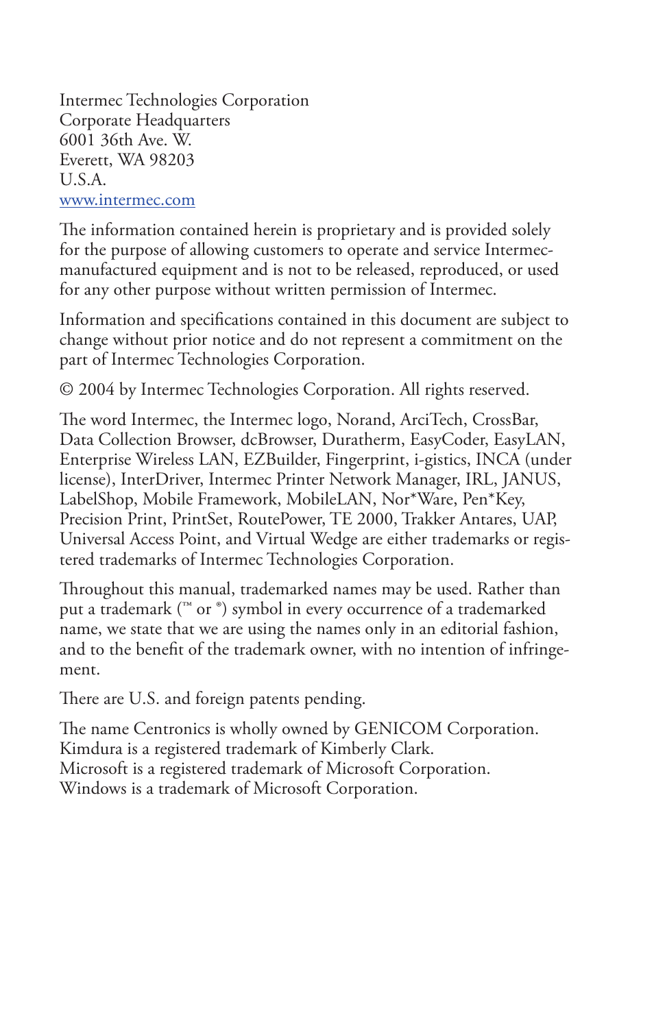 Disclaimer, Copyright information, Trademarks | Genicom PC4 User Manual | Page 2 / 72