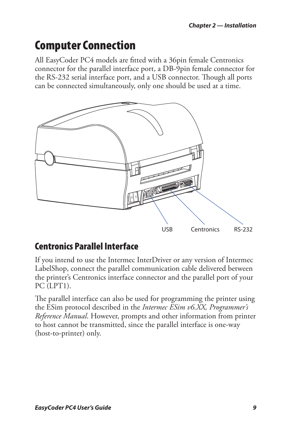Computer connection, Centronics parallel interface | Genicom PC4 User Manual | Page 21 / 72