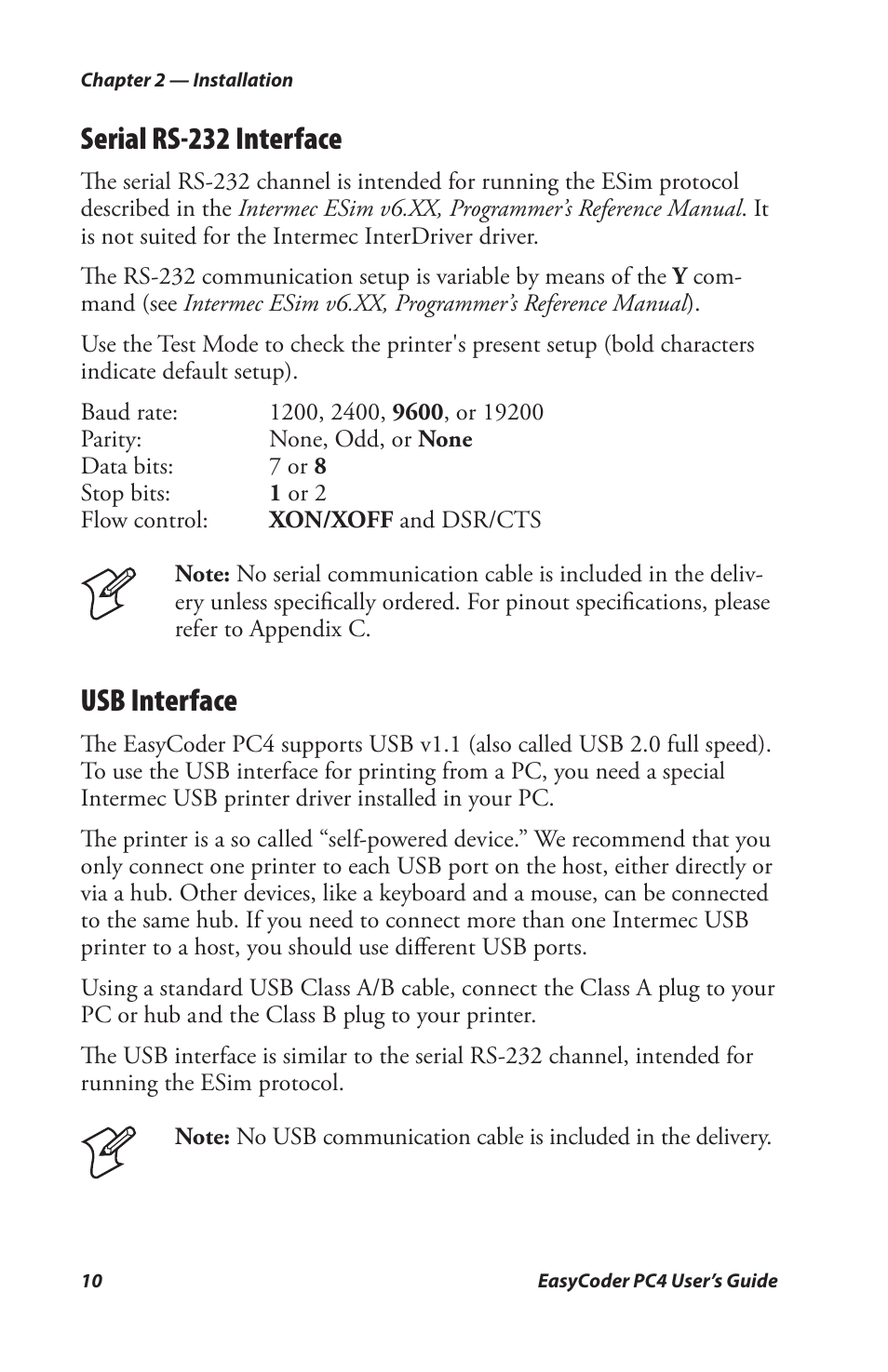 Serial rs-232 interface, Usb interface | Genicom PC4 User Manual | Page 22 / 72