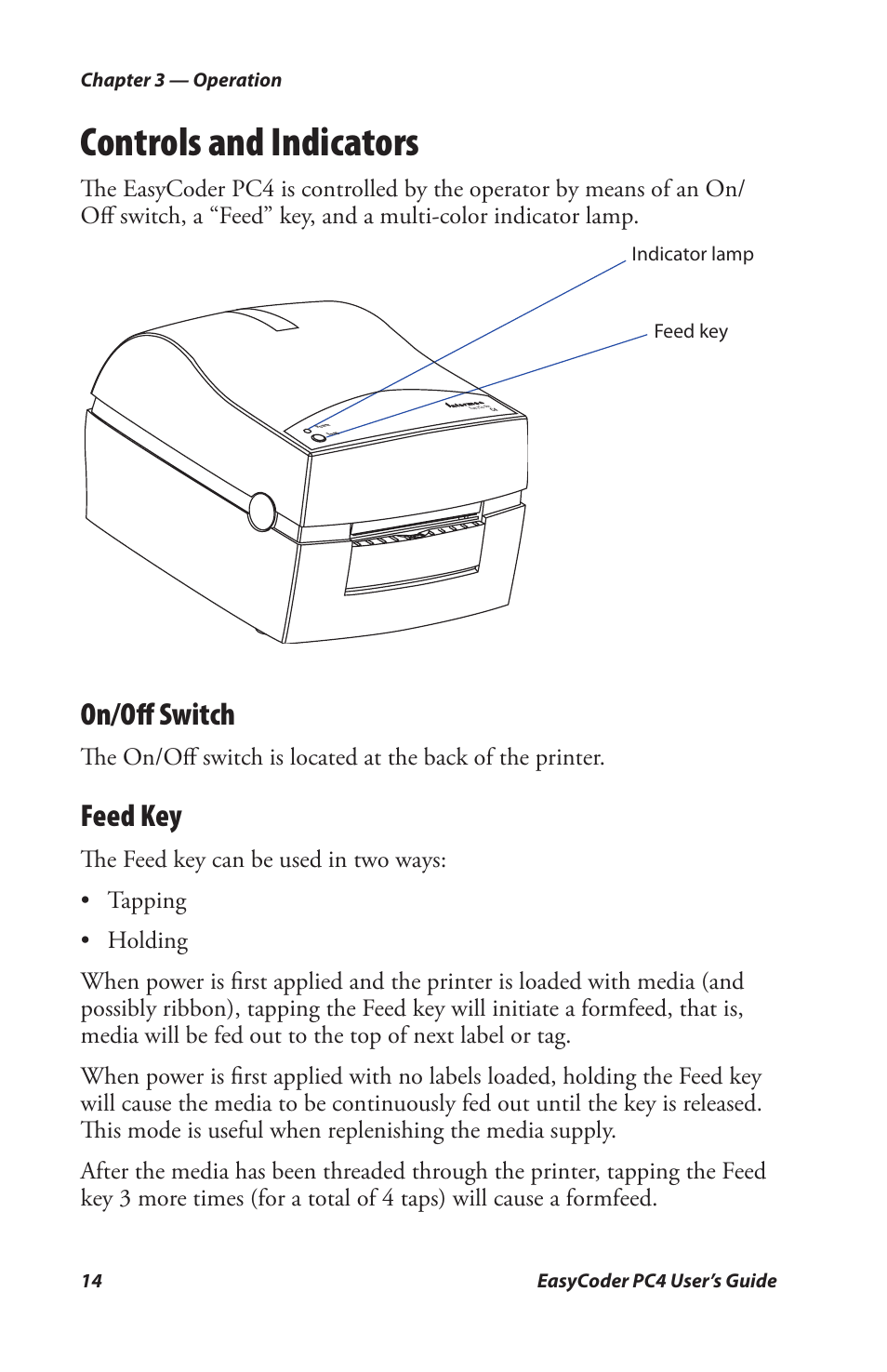 Controls and indicators, On/oﬀ switch, Feed key | Genicom PC4 User Manual | Page 26 / 72