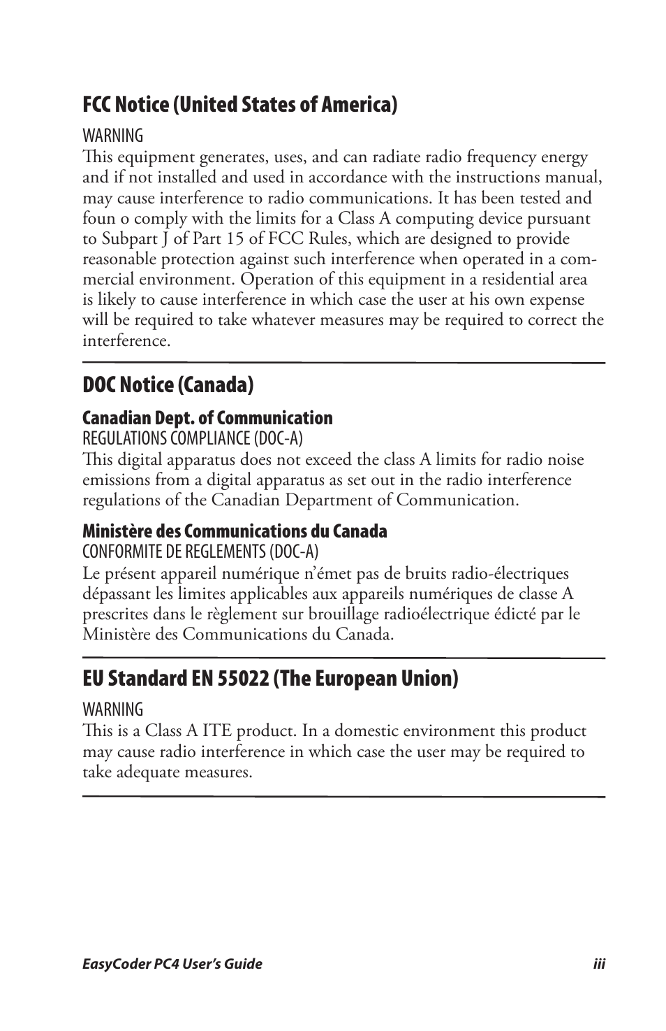 Fcc notice, Doc notice, Eu standard | Fcc notice (united states of america), Doc notice (canada) | Genicom PC4 User Manual | Page 3 / 72