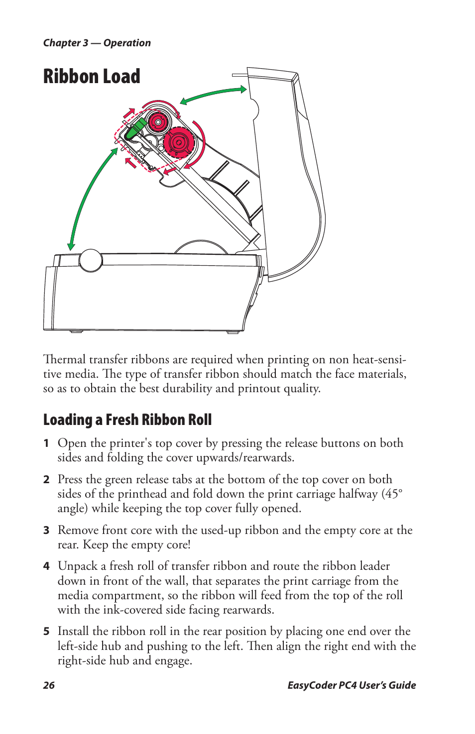 Ribbon load, Loading a fresh ribbon roll | Genicom PC4 User Manual | Page 38 / 72