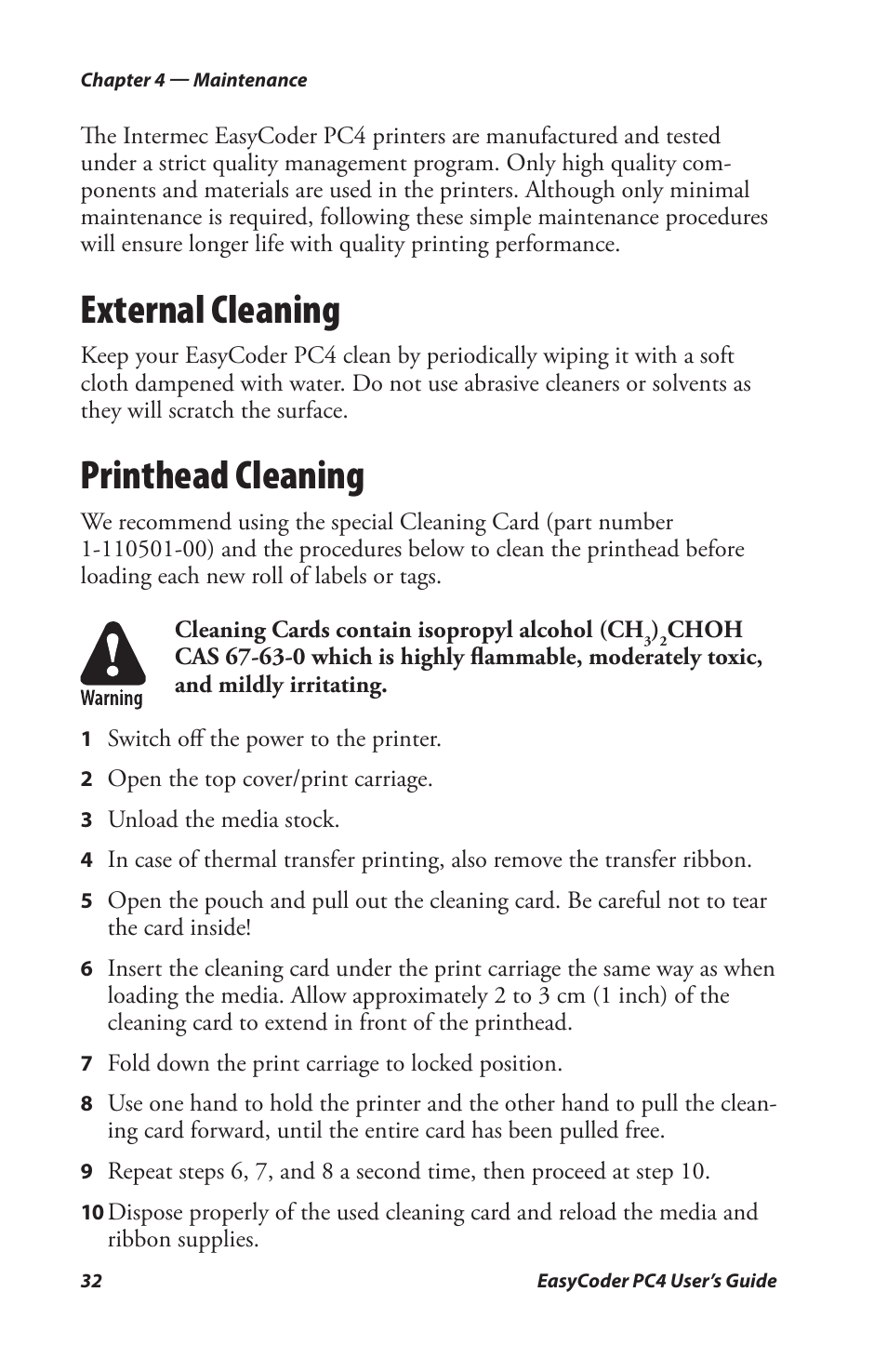 External cleaning, Printhead cleaning | Genicom PC4 User Manual | Page 44 / 72