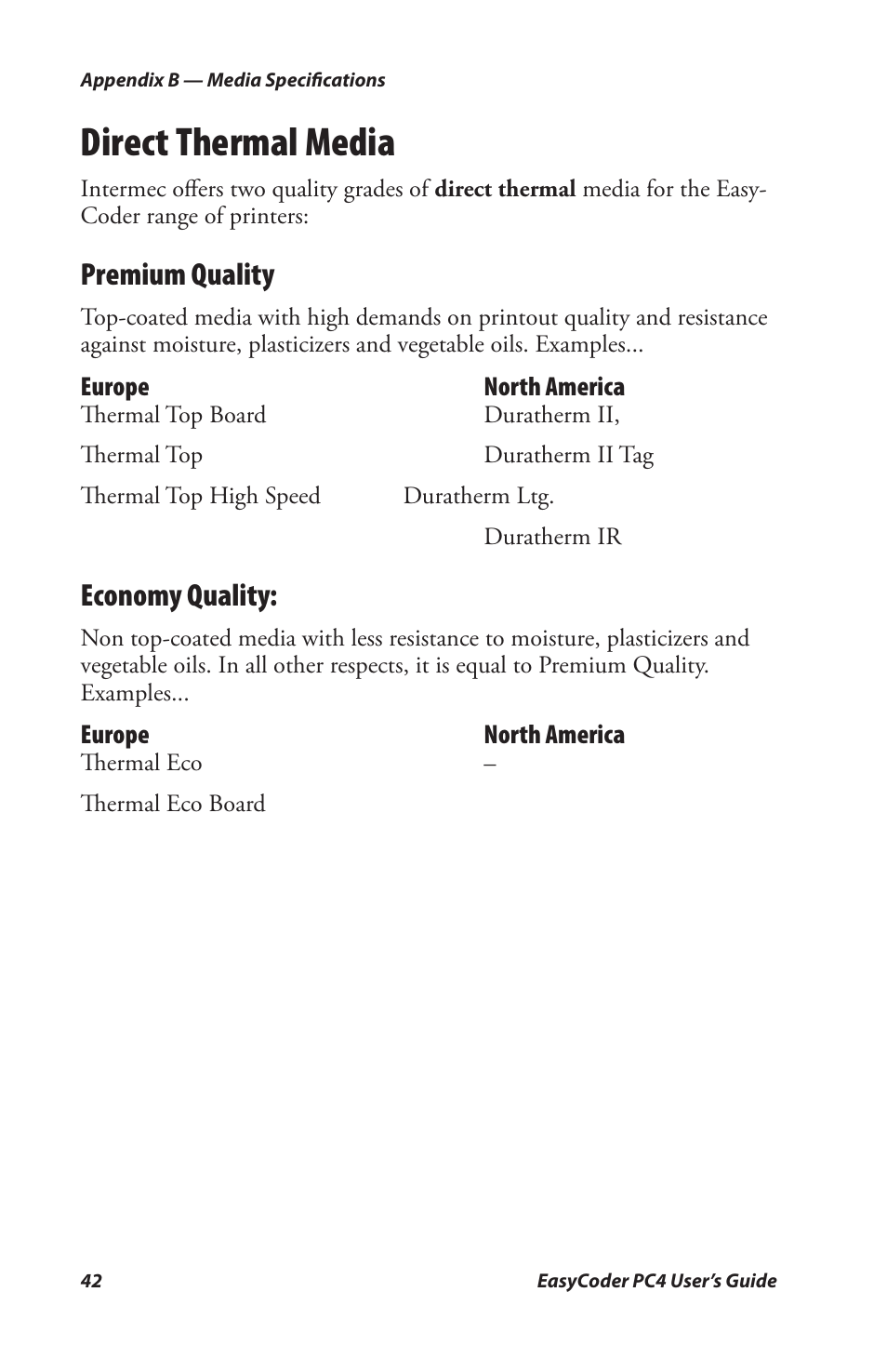 Direct thermal media, Premium quality, Economy quality | Genicom PC4 User Manual | Page 54 / 72