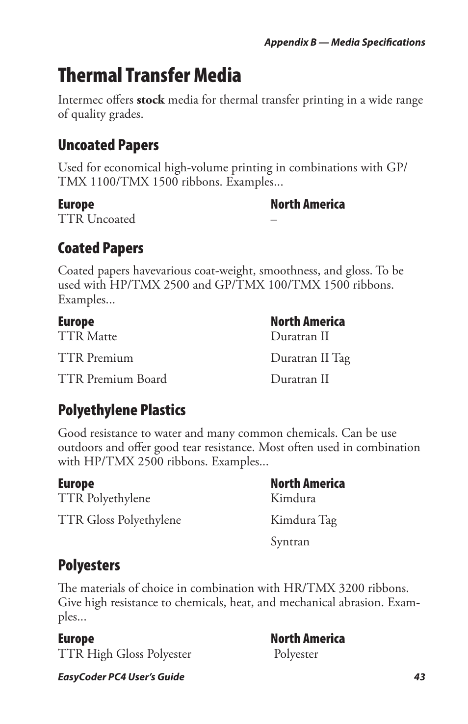 Thermal transfer media, Uncoated papers, Coated papers | Polyethylene plastics, Polyesters | Genicom PC4 User Manual | Page 55 / 72