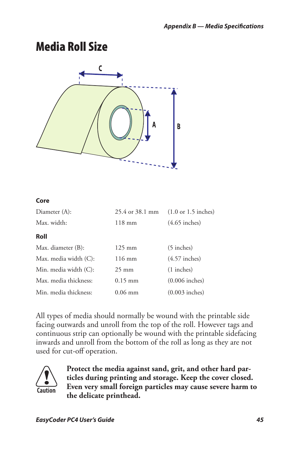 Media roll size | Genicom PC4 User Manual | Page 57 / 72
