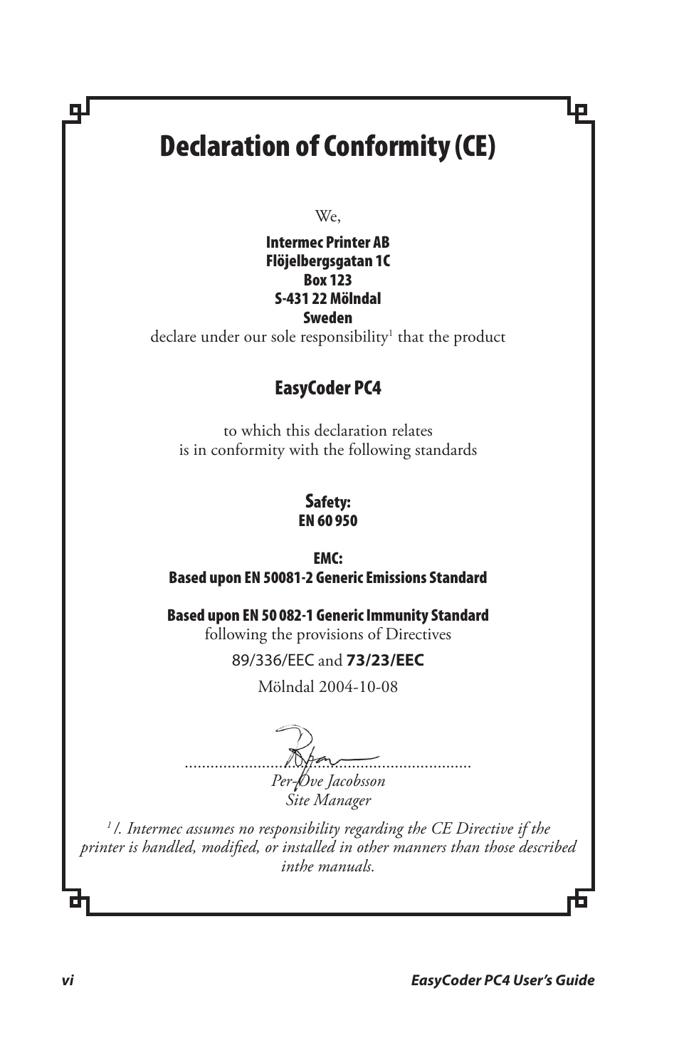 Declaration of conformity, Declaration of conformity (ce), Easycoder pc4 | Genicom PC4 User Manual | Page 6 / 72