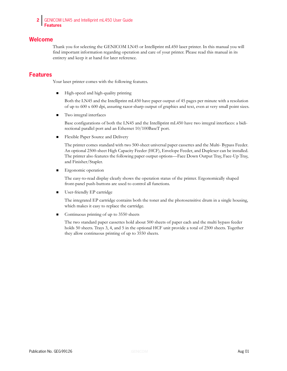 Welcome, Features | Genicom LN45 User Manual | Page 14 / 214